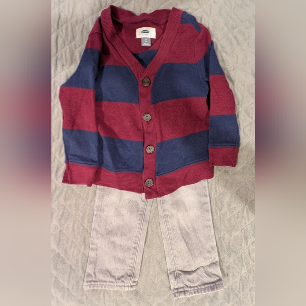 2T Striped Blue and Red Kids Cardigan With Jeans
